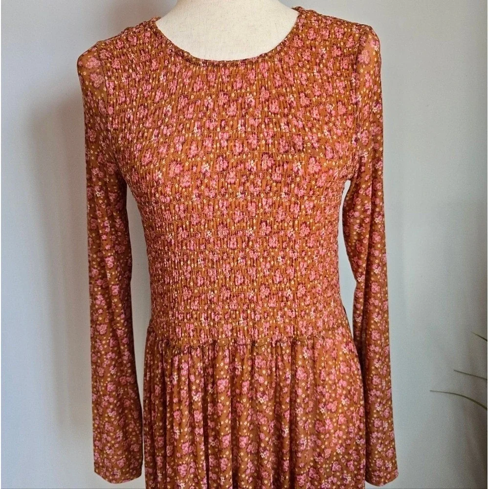 Free People Hello and Goodbye Orange Floral Mesh Smocked Midi Dress SZ Small